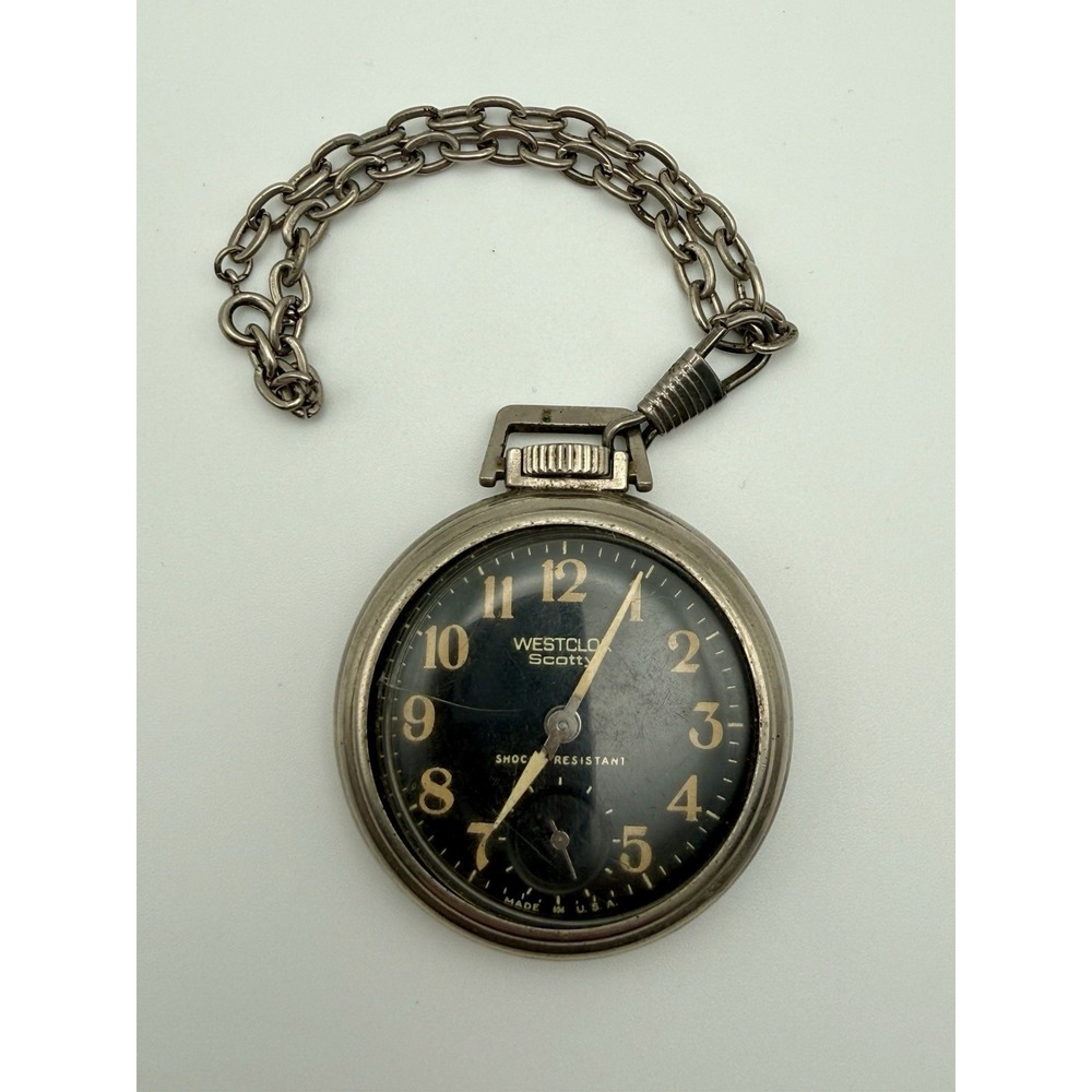 Vintage Westclox SCOTTY pocket watch with chain, luminous dial for parts/repair